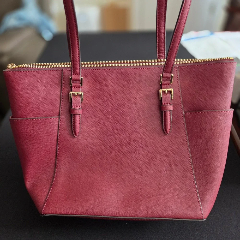 Michael Kors Charlotte Large Zip Tote Dark Cherry Saffiano Leather 35T0GCFT7L - Picture 3 of 10
